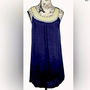 Tenki Elegant Navy Fun Flirty Blue Sleeveless Dress White Beading Lined size S